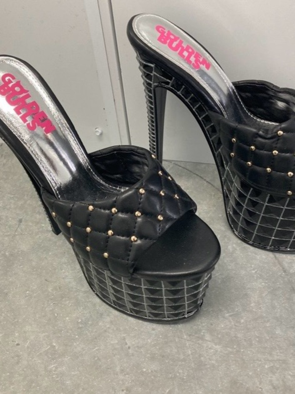 Black Quilted Platform Mule Heels with Stud Accents